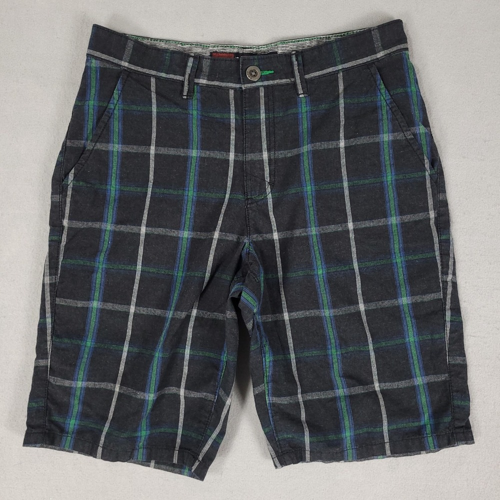Tony Hawk Shorts Men's 30 Gray Black Plaid Casual Regular Fit Cotton Blend Chino
